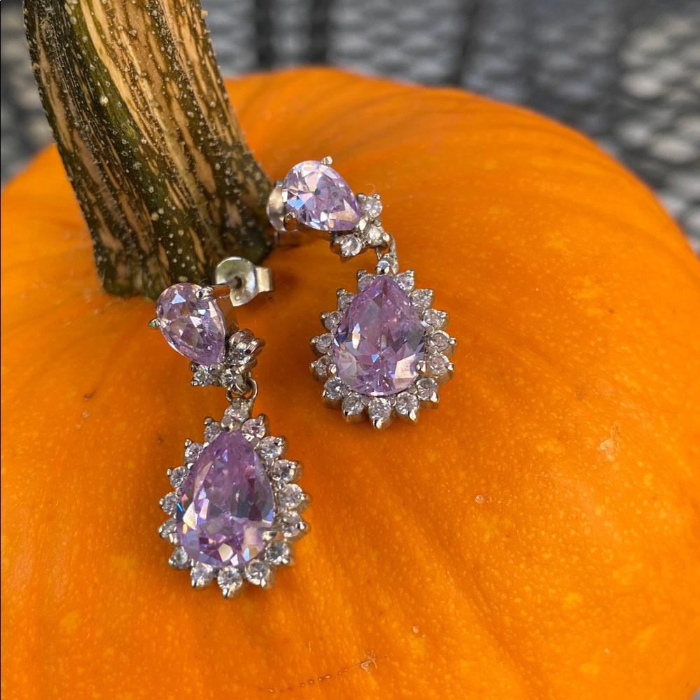 Sterling Silver 925 Purple and Clear Stone Dangle Post Earrings